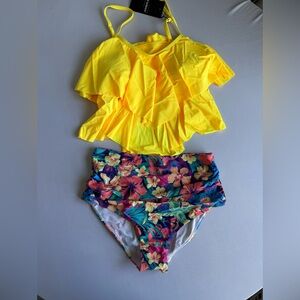 Floral and Yellow Swimsuit Set